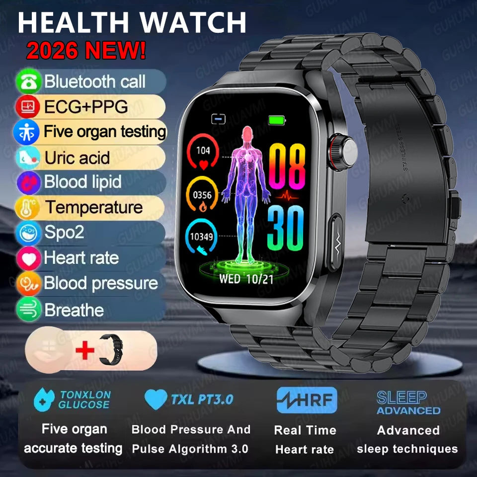 Montre Connectée Santé ECG Acide Urique IMC 5 Organes | AMOLED Verre Saphir IP68