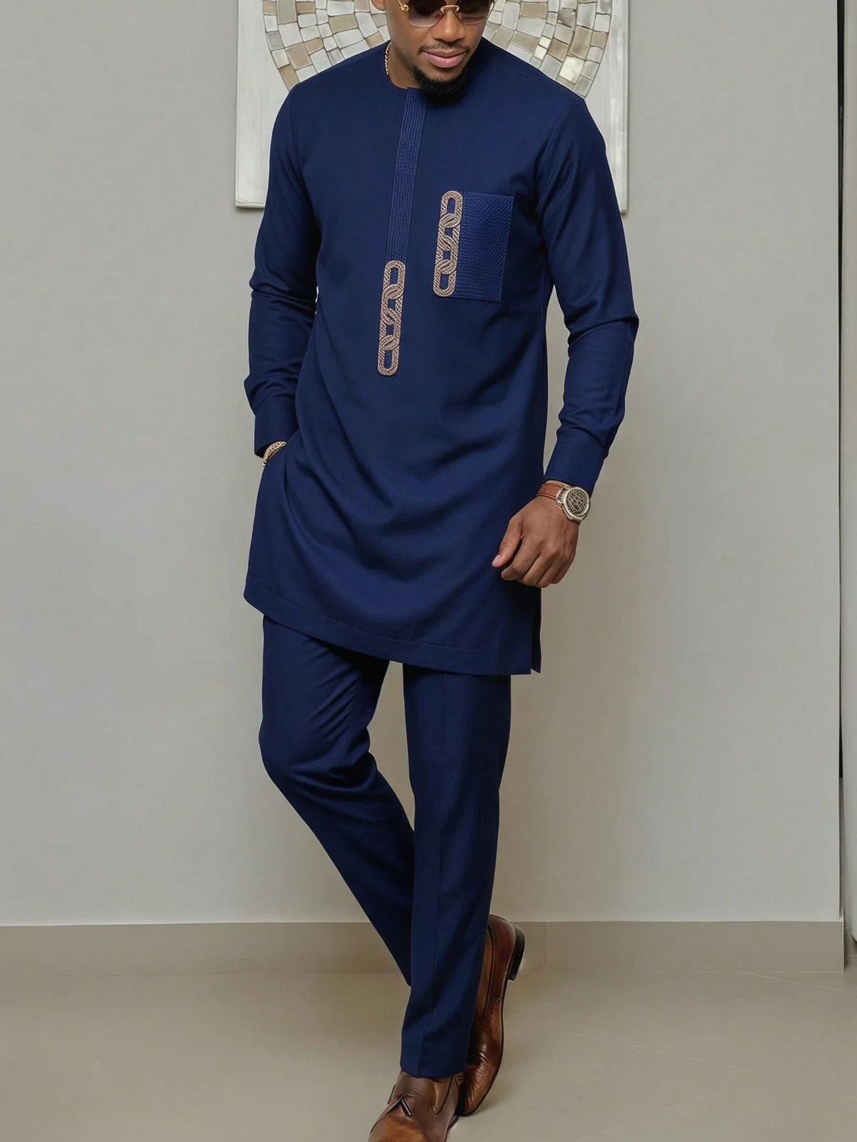 Ensemble Kaftan Homme Col Rond Manches Longues Tenue Africaine Traditionnelle 2 Pièces – CLEVI Paris