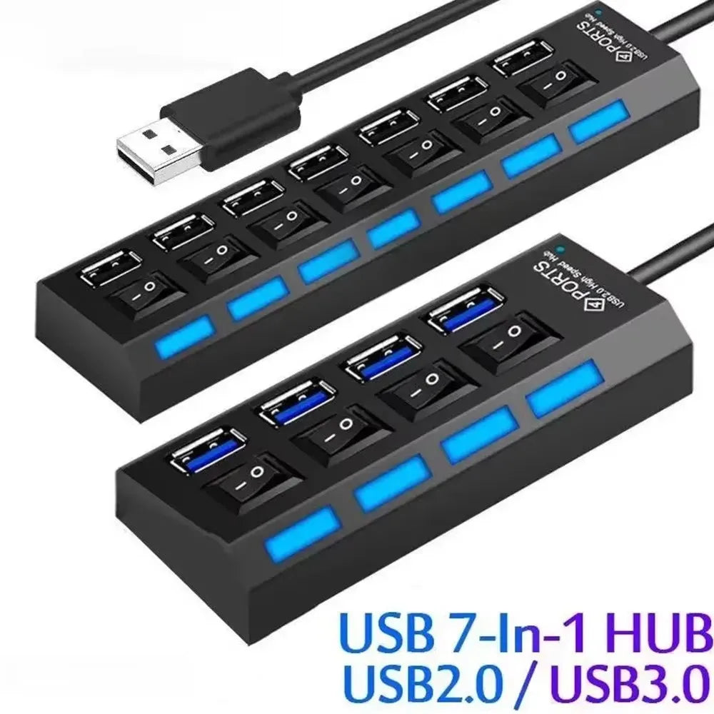 Hub USB 2.0 4 ou 7 Ports LED Interrupteurs Individuels Noir Blanc PC – CLEVI Paris