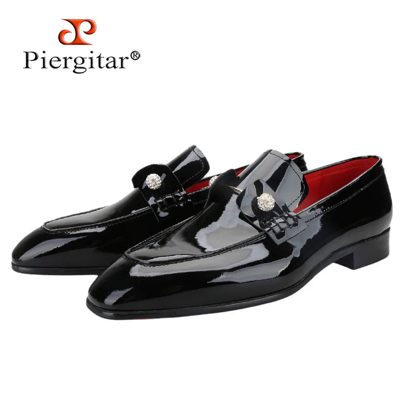 Mocassins Homme Cuir Veau Verni Noir Cristaux Argentés Boucles Fait Main Mariage Piergitar – CLEVI Paris