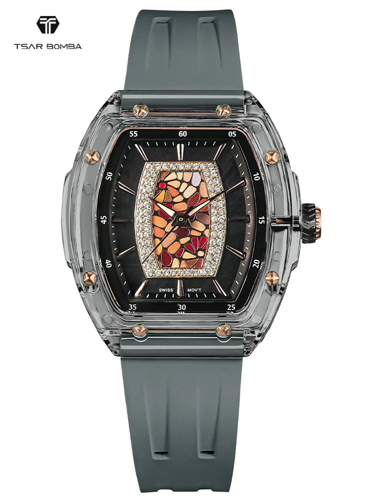 TSAR BOMBA Montre Femme Quartz Japonais Tonneau Saphir Caoutchouc Lumineux 35mm – CLEVI Paris