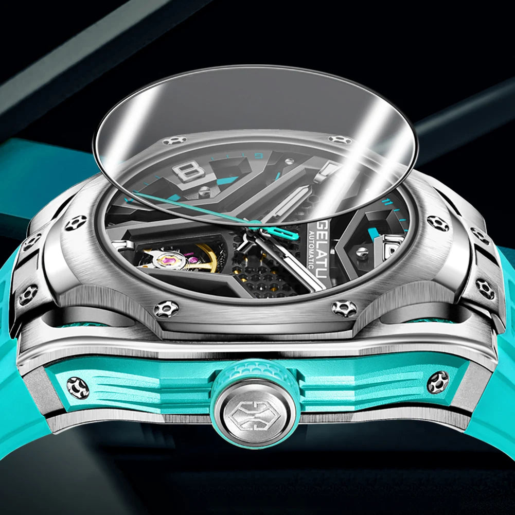 GELATU Montre Automatique Homme Squelette Tonneau Saphir Silicone Étanche 5ATM – CLEVI Paris