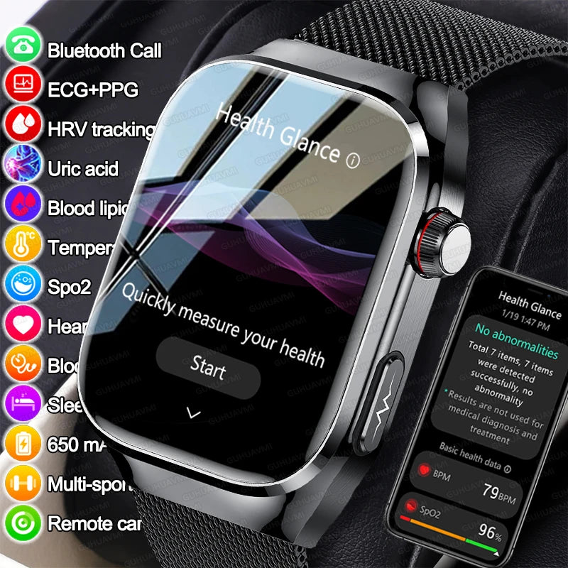 Montre Connectée Santé ECG Acide Urique IMC 5 Organes | AMOLED Verre Saphir IP68