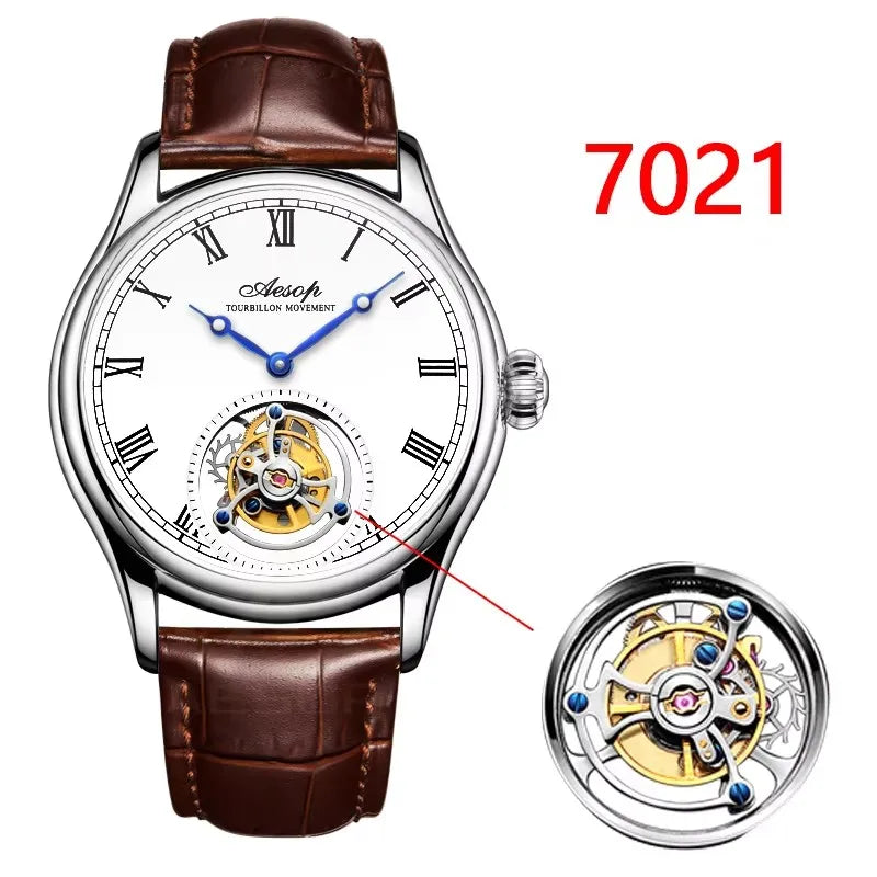 Montre AESOP Tourbillon Volant – Mécanique Squelette Double Face, Verre Saphir, Acier Inoxydable, Cuir, Étanche 5 ATM – CLEVI Paris