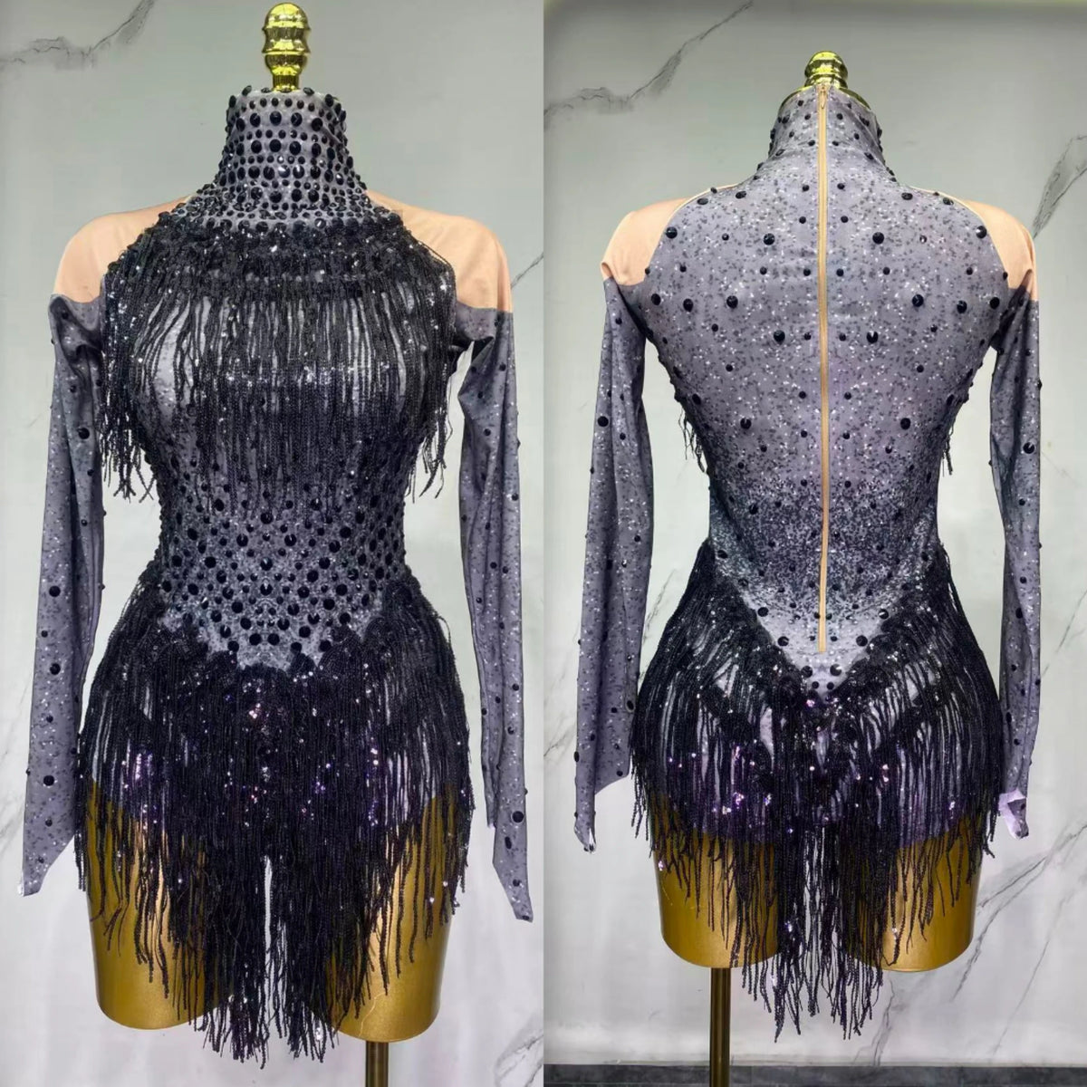 Justaucorps de scène à franges et strass – CLEVI Paris