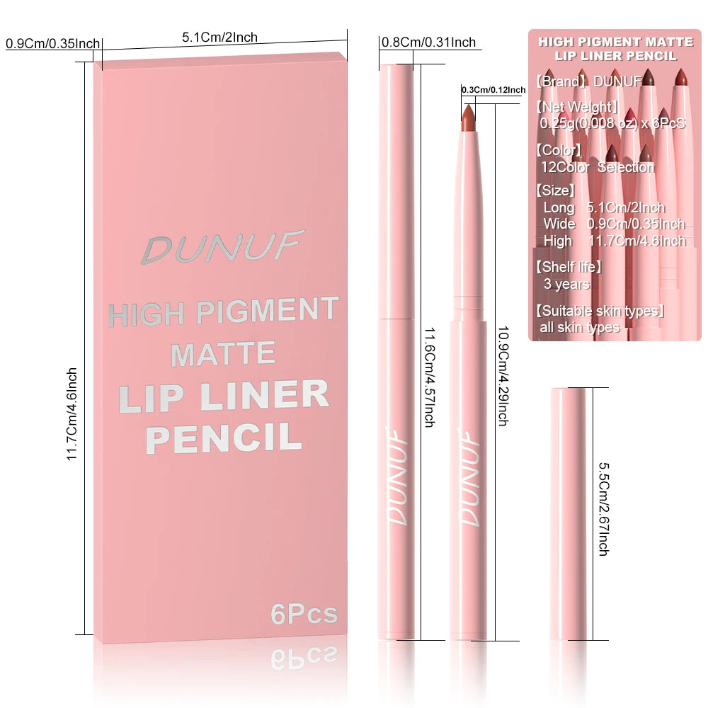 Lot de 6 Crayons à Lèvres Longue Tenue Imperméable – Couleur Intense & Sans Bavure