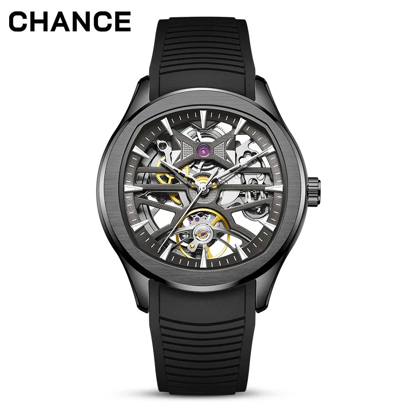 Montre Mécanique Homme Squelette Tourbillon – Boîtier Ovale Acier, Aiguilles Lumineuses & 3 Coloris