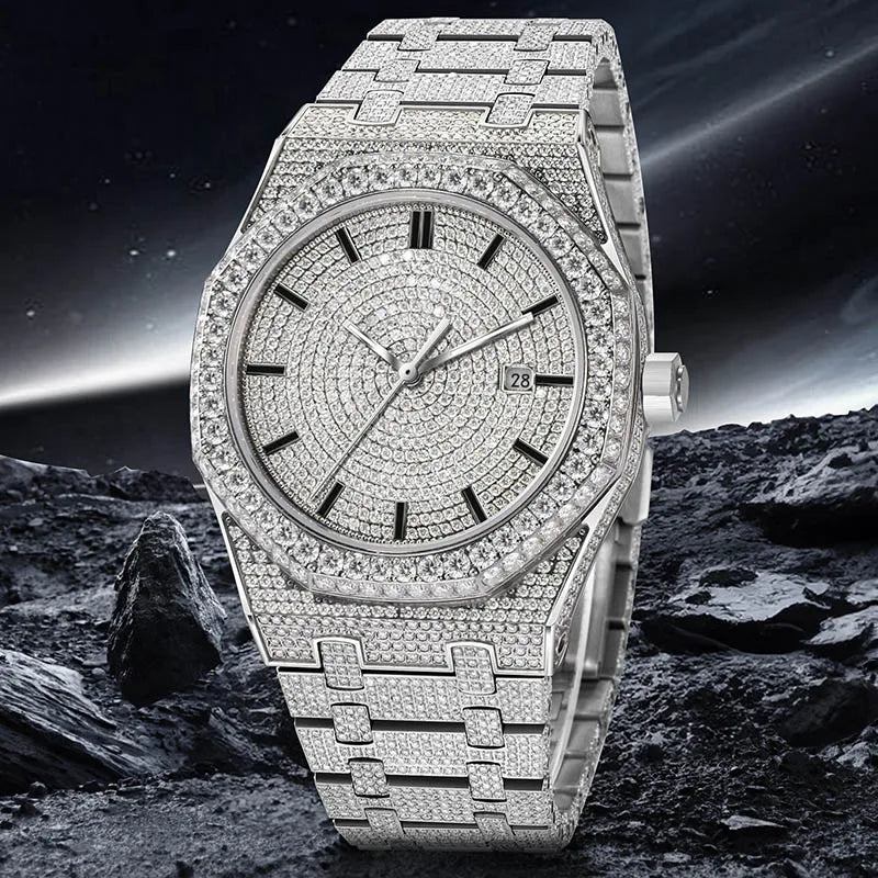 Montre Homme PINDU – Moissanite Full Diamond, Mécanique Automatique, Acier Inoxydable, Calendrier, Étanche 3 ATM – CLEVI Paris