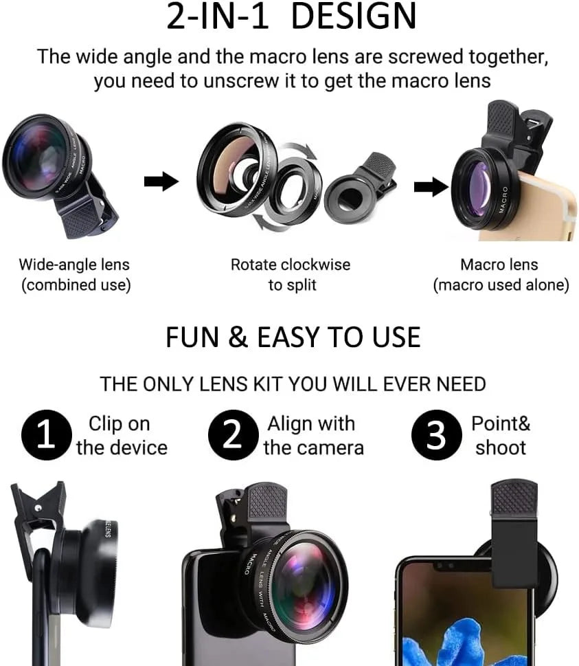 Kit Objectifs 2-en-1 Smartphone – Grand Angle 0,45x & Macro, Clip Universel, Compatible iPhone & Android – CLEVI Paris