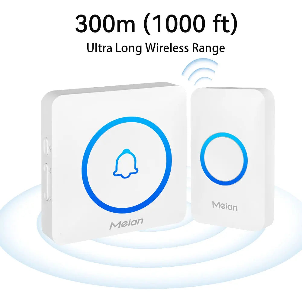 Sonnette Sans Fil Meian IP65 – 300m, 60 Sonneries, 110dB, LED Flash, 1 ou 2 Carillons, EU/UK/US