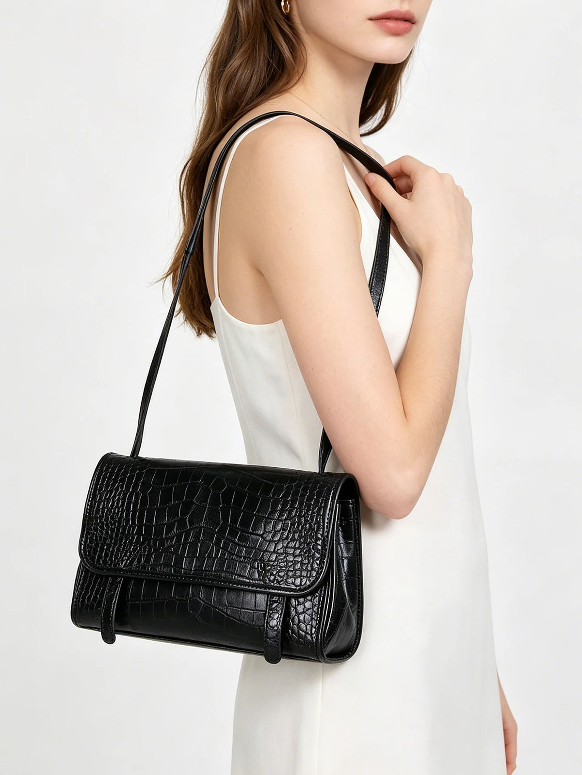 Sac Box Cuir Vache Ciré Motif Crocodile Femme Épaule – CLEVI Paris