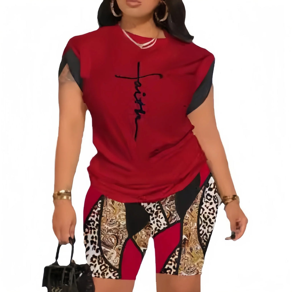 Ensemble 2 Pièces Femme T-Shirt Col Rond Manches Courtes Imprimé + Short Casual Streetwear – CLEVI Paris