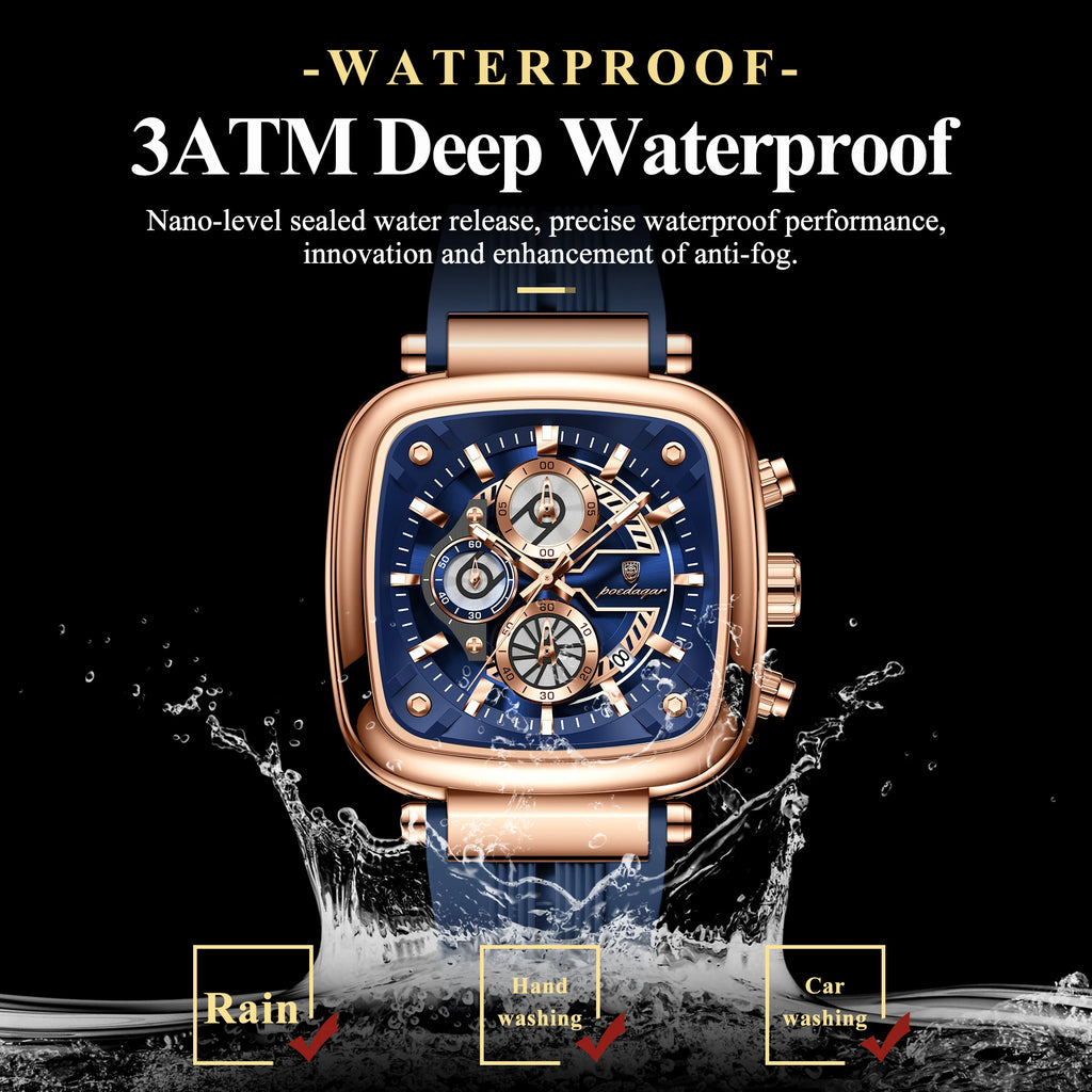 POEDAGAR 849 Montre Homme Quartz Carrée Chronographe Silicone Lumineux 30M – CLEVI Paris