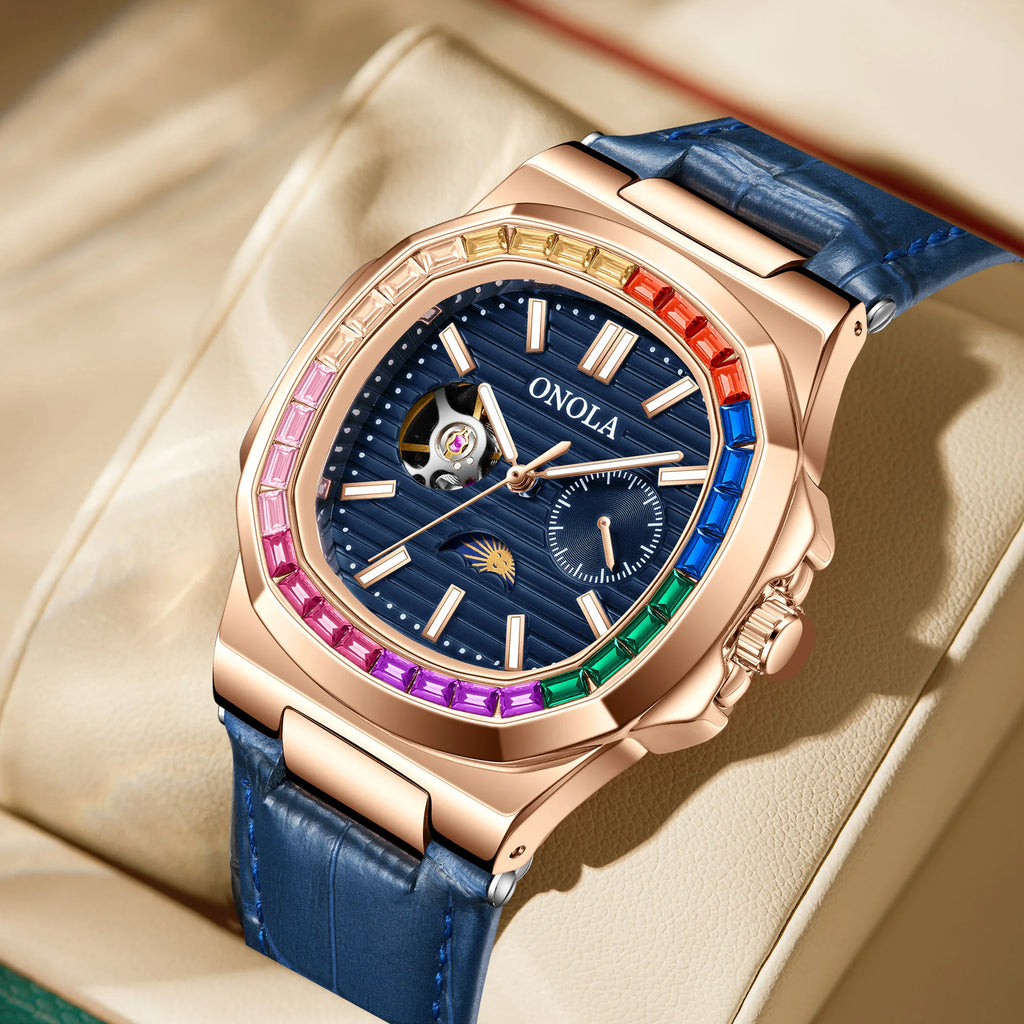 Montre ONOLA ON3855CH – Mécanique Automatique Squelette, Diamants, Bracelet Cuir, Étanche 3 ATM – CLEVI Paris