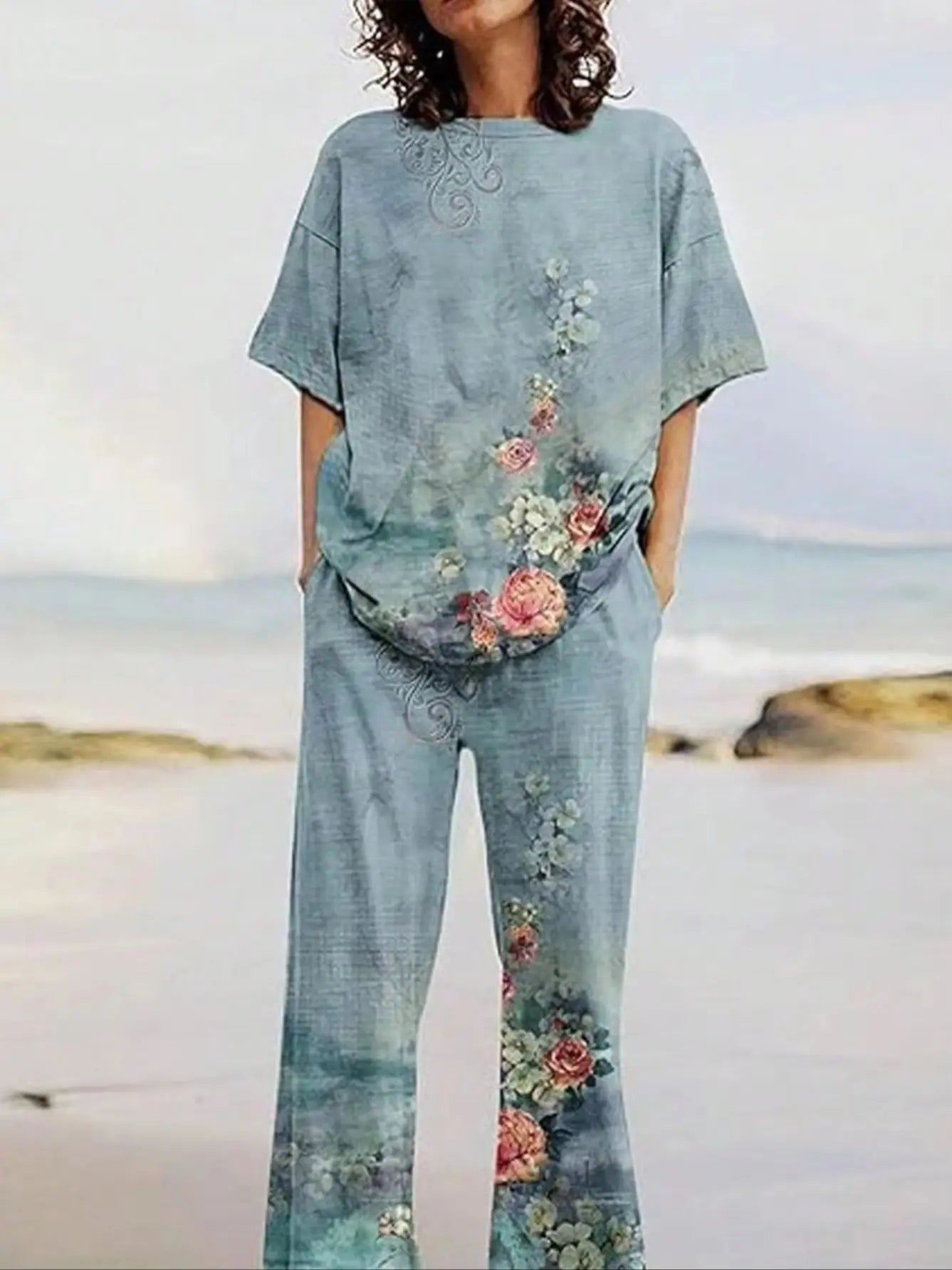 Ensemble 2 Pièces Femme Top Col Rond + Pantalon Imprimé Floral Vintage Stretch – CLEVI Paris