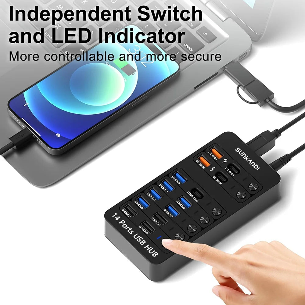 Hub USB Alimenté SUNKANDI 14-en-1 LED ON/OFF USB 3.0 2.0 Charge A/C Noir – CLEVI Paris