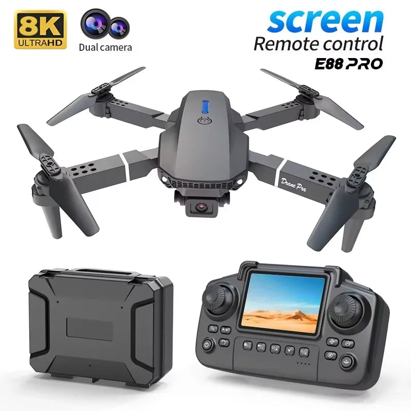 Drone E88 Pro 8K avec Écran Télécommande – Double Caméra, Positionnement Optique, Brushless & 23 Min de Vol – CLEVI Paris