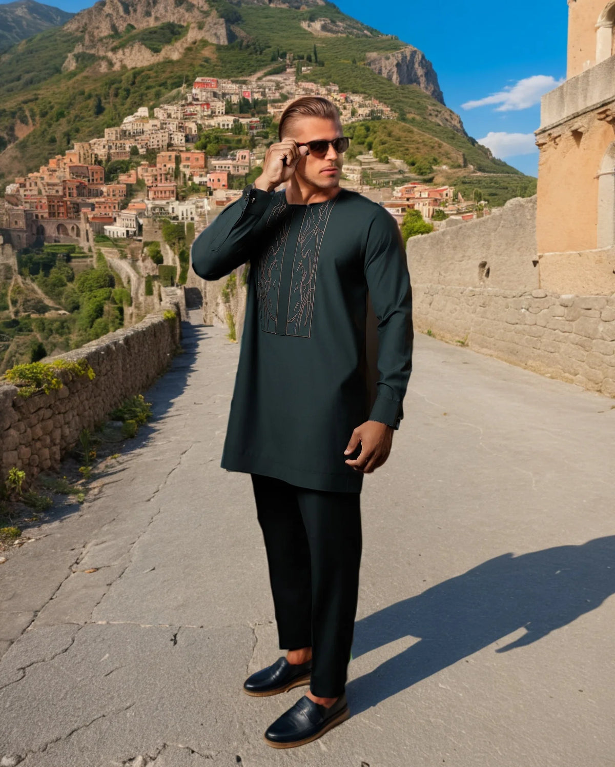 Kaftan Homme 2 Pièces Brodé Floral Col Mao Manches Longues + Pantalon Élastique Style Africain Mariage M-4XL – CLEVI Paris