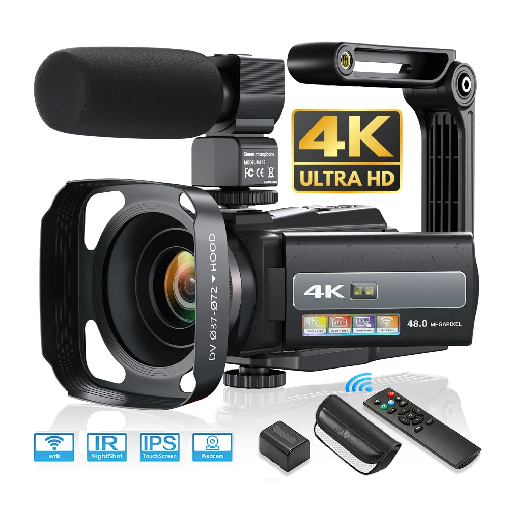 Caméscope MELCAM 4K 60fps 48MP – Vision Nocturne IR, WiFi, Écran Tactile 270°, Stabilisateur, Micro, Télécommande 2,4G – CLEVI Paris