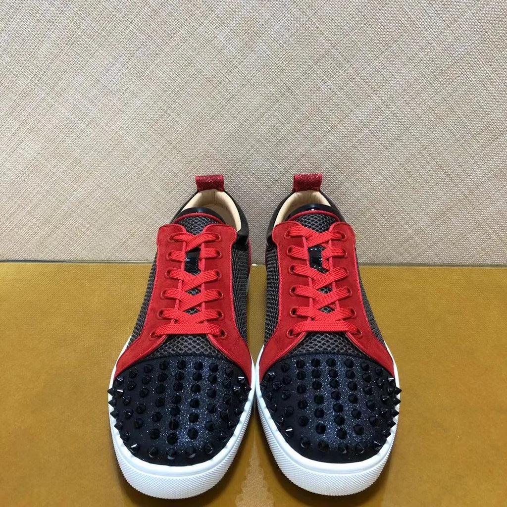Sneakers Basses Cuir Véritable Noir & Rouge Rivets Homme – Semelle Rouge, Tailles 35-48 – CLEVI Paris