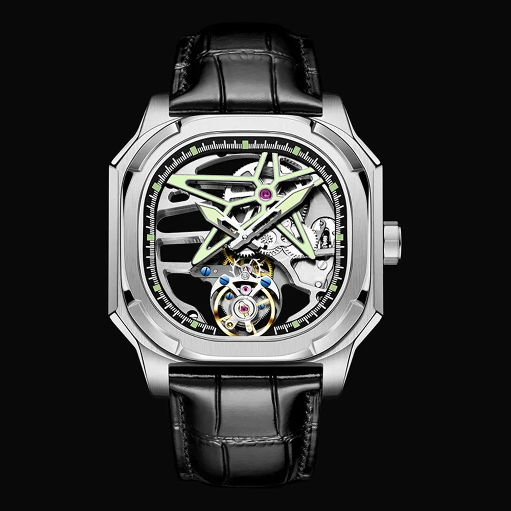 Montre AESOP 7052 – Tourbillon Mécanique Squelette, Diamant Naturel, Verre Saphir, Acier 316L, Cuir, Étanche 5 ATM, Garantie 3 ans – CLEVI Paris