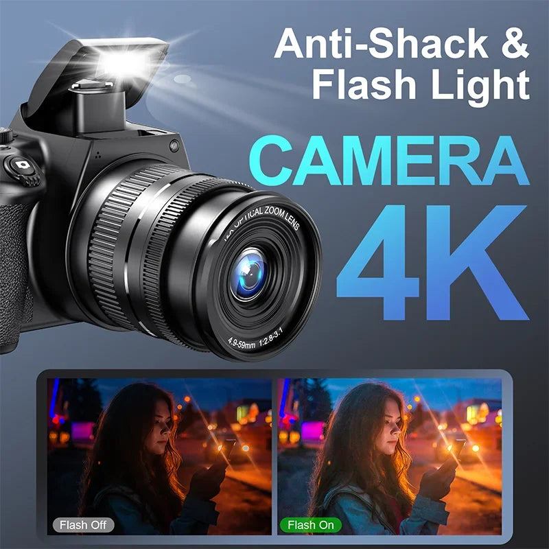 Appareil Photo Numérique Renear 4K – 72MP, Zoom 12x, Écran Rotatif, WiFi, Fill-in, Webcam, Vlogging & Live – CLEVI Paris