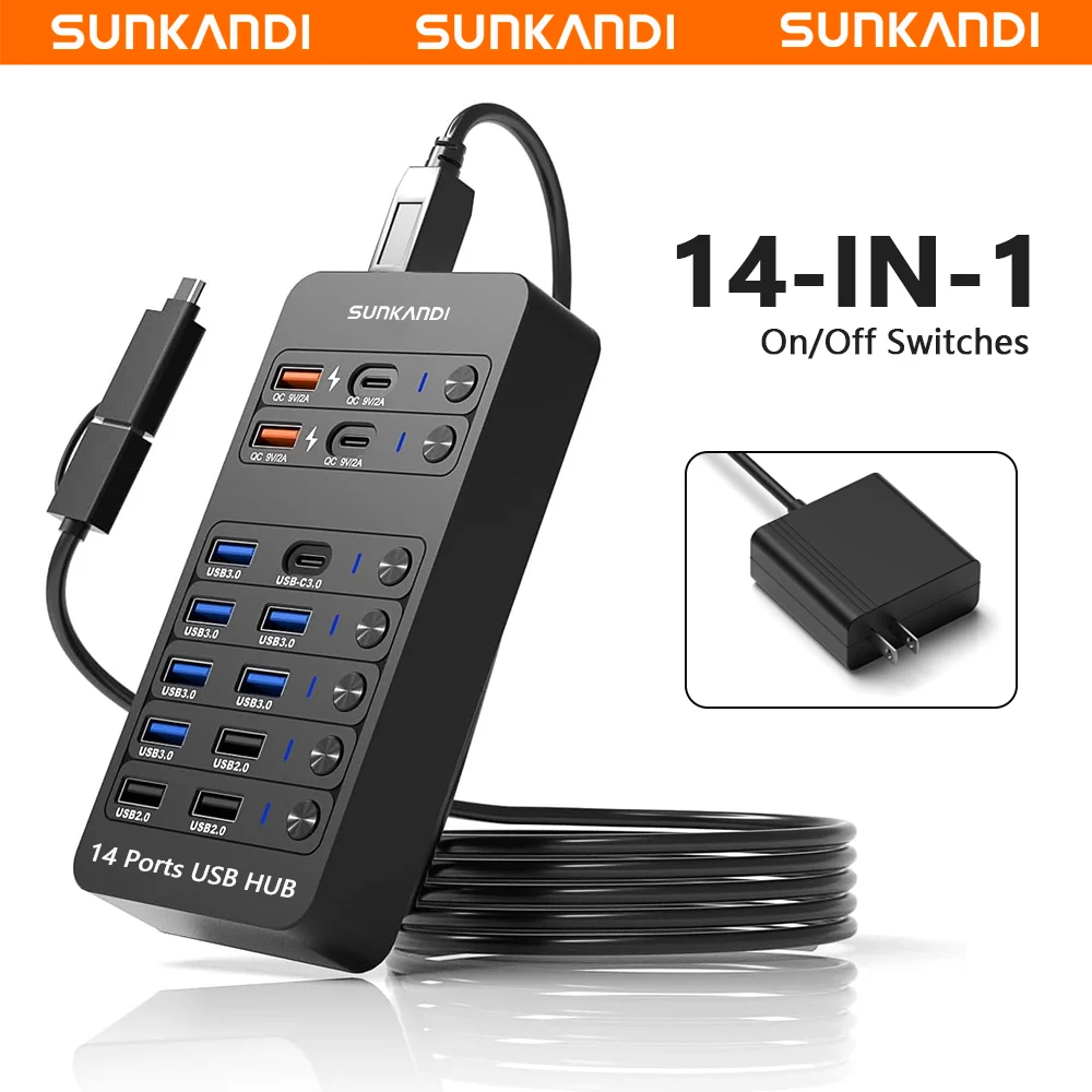 Hub USB Alimenté SUNKANDI 14-en-1 LED ON/OFF USB 3.0 2.0 Charge A/C Noir – CLEVI Paris
