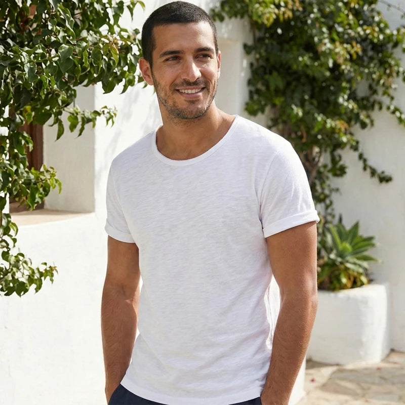 T-Shirt Homme 100% Coton – Coupe Slim, Col Rond, Léger & Respirant, Style Rétro