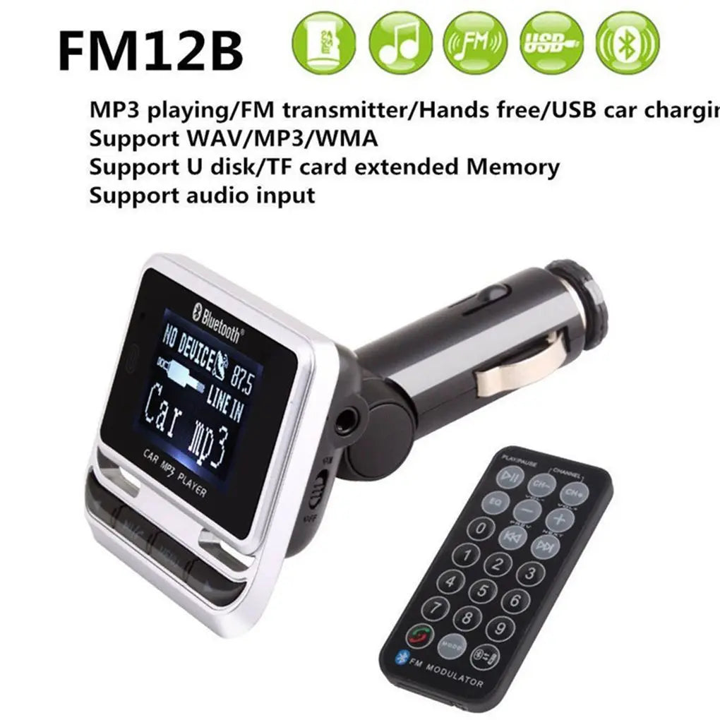 Transmetteur FM Bluetooth Voiture FM12B – Écran LCD 1,44", Mains Libres, Lecteur MP3, Chargeur USB, Télécommande