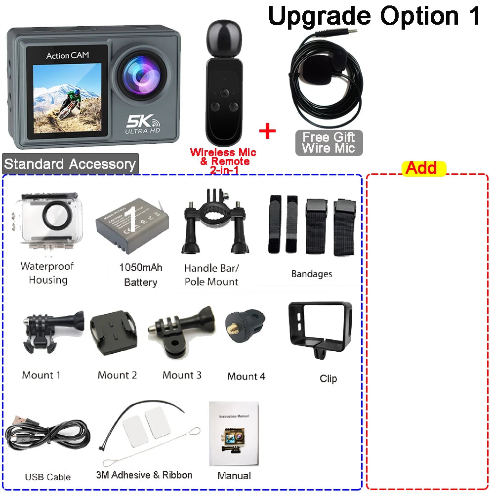 Action Cam HUAFANT M4R 5K 4K60fps – EIS 6 Axes, Grand Angle 170°, Étanche 30m, Micro Sans Fil, Double Écran IPS, WiFi – CLEVI Paris