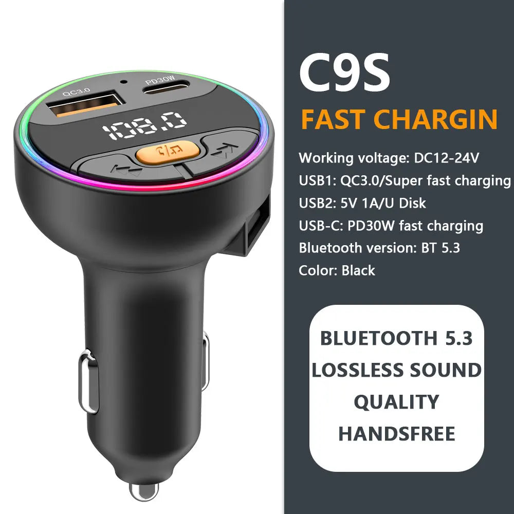 Émetteur FM Voiture Bluetooth 5.3 – Charge USB+Type-C Mains Libres Lecteur MP3 Lumières Ambiance 12-24V – CLEVI Paris