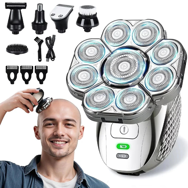 Rasoir Électrique Crâne 4D 9 Têtes Flottantes 6 en 1 – Rechargeable IPX6 Rasage Sec Humide 90 Min – CLEVI Paris