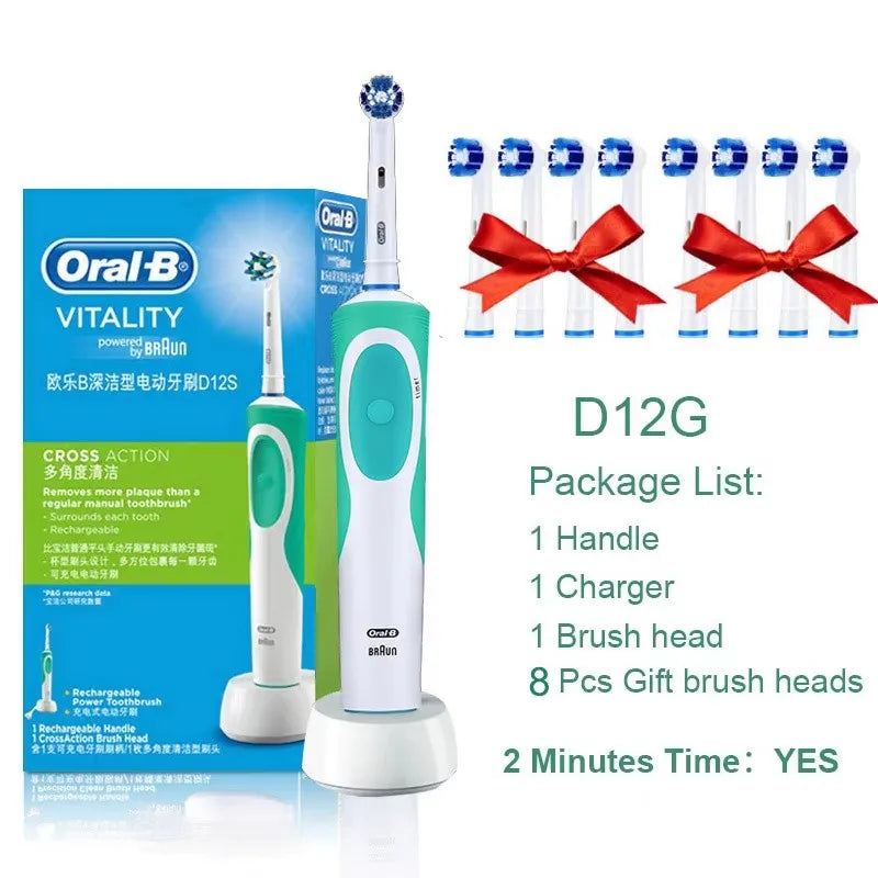 Brosse à Dents Électrique Oral-B Vitality D12 – Rotation 3D, Têtes FlexiSoft, IPX7, 7 Jours d'Autonomie – Têtes Offertes