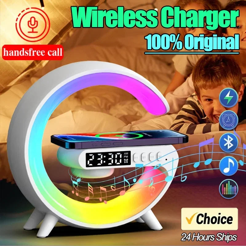 Station de Charge Sans Fil 15W — Enceinte Bluetooth, Lampe Ambiance RGB 9 Modes, Réveil | CLEVI Paris