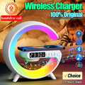 Station de Charge Sans Fil 15W — Enceinte Bluetooth, Lampe Ambiance RGB 9 Modes, Réveil | CLEVI Paris