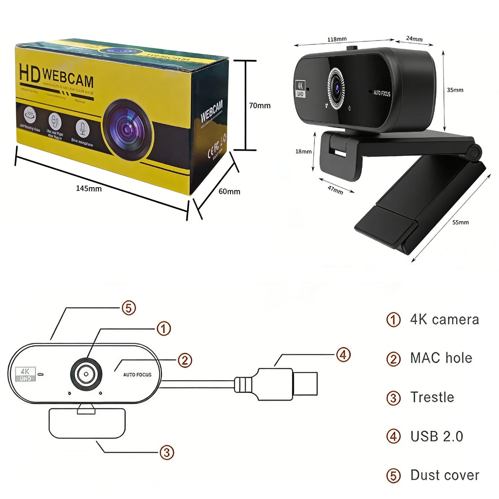 Webcam 4K 30fps Autofocus Cache Vie Privée Micro USB 2.0 Adaptateur USB-C – CLEVI Paris