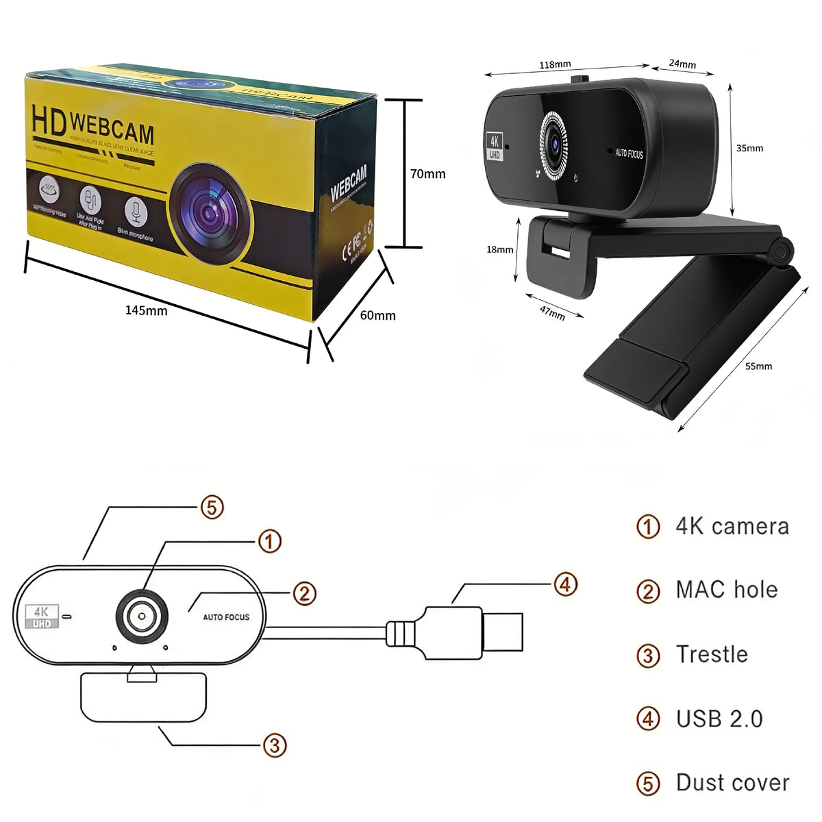 Webcam 4K 30fps Autofocus Cache Vie Privée Micro USB 2.0 Adaptateur USB-C – CLEVI Paris