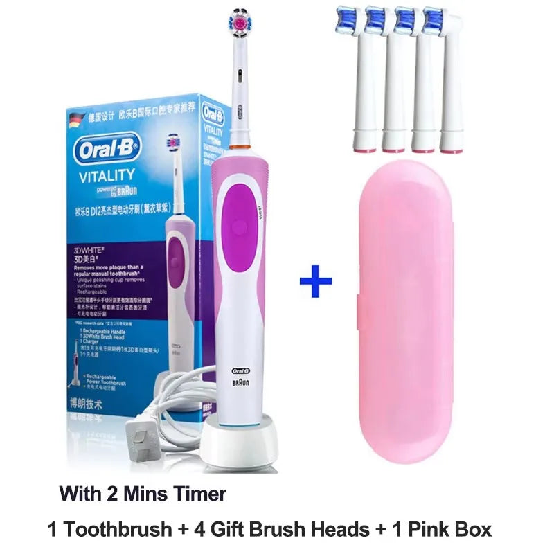 Brosse à Dents Électrique Oral-B D12 – Vibration Rotatoire 2D, IPX7, Minuterie 2 min – 4 Têtes Offertes