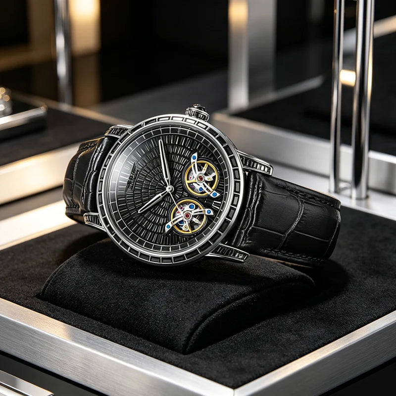 PINDU Montre Automatique Homme Double Tourbillon Saphir Acier 45mm Couronne Vissée – CLEVI Paris