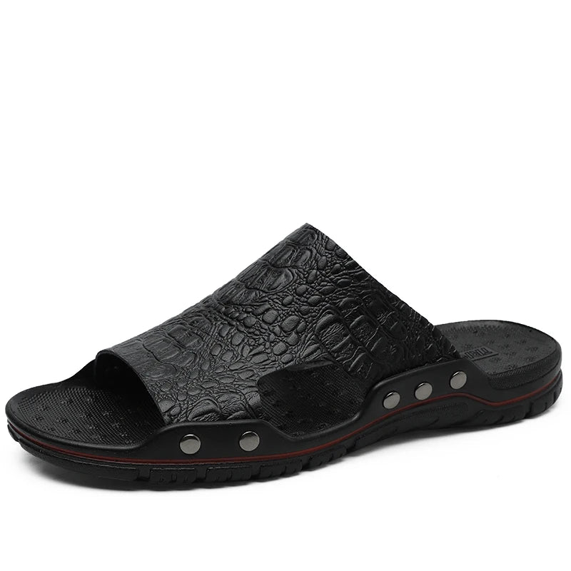 Fashion New Men's Crocodile Embossed Leather Slippers Casual Sandals For Men Summer Open Toe Beach Garden Shoes Flip Flops