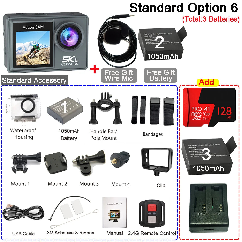 Action Cam HUAFANT M4R 5K 4K60fps – EIS 6 Axes, Grand Angle 170°, Étanche 30m, Micro Sans Fil, Double Écran IPS, WiFi – CLEVI Paris