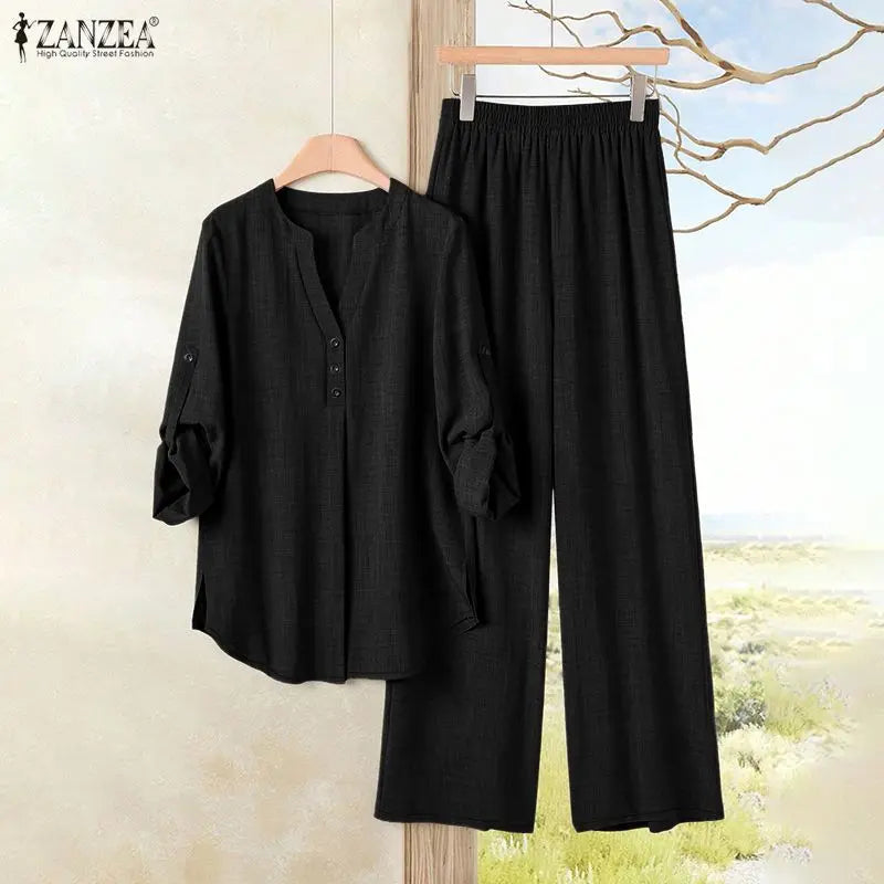 Ensemble 2 Pièces Femme Blouse Col V Manches Longues Demi-Boutonnée + Pantalon Large Taille Mi-Haute Élastique Casual Bohème Marron Clair Bleu Noir – CLEVI Paris