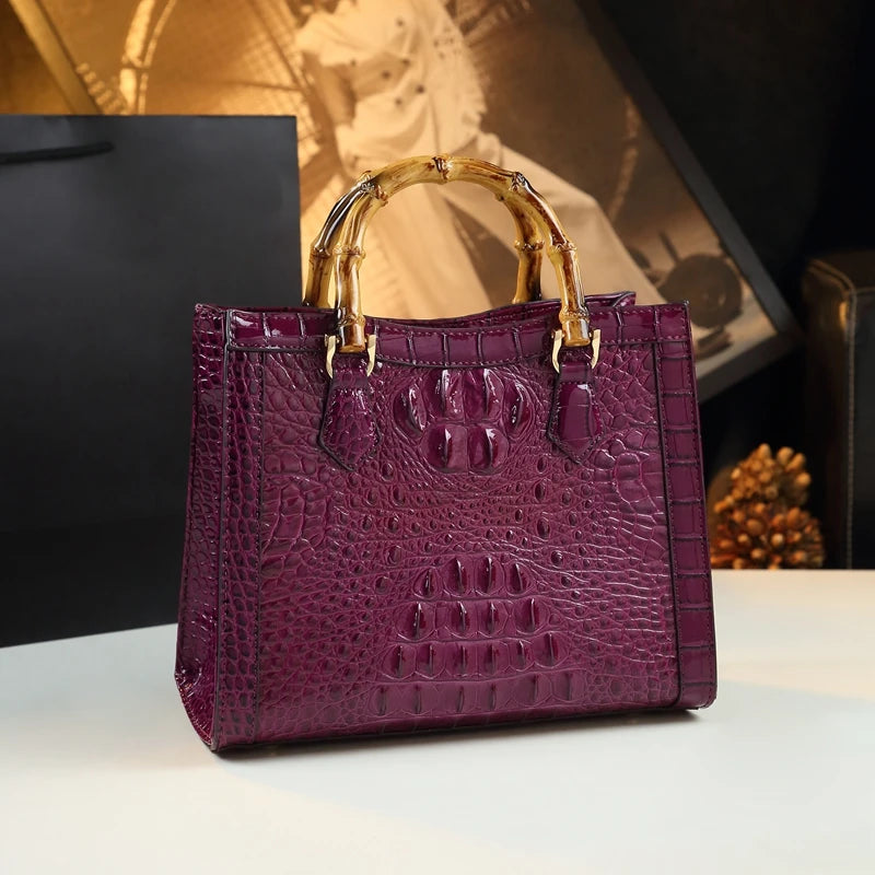 Sac à Main Femme Cuir Véritable Motif Crocodile Anse Bambou Business 4 Coloris – CLEVI Paris