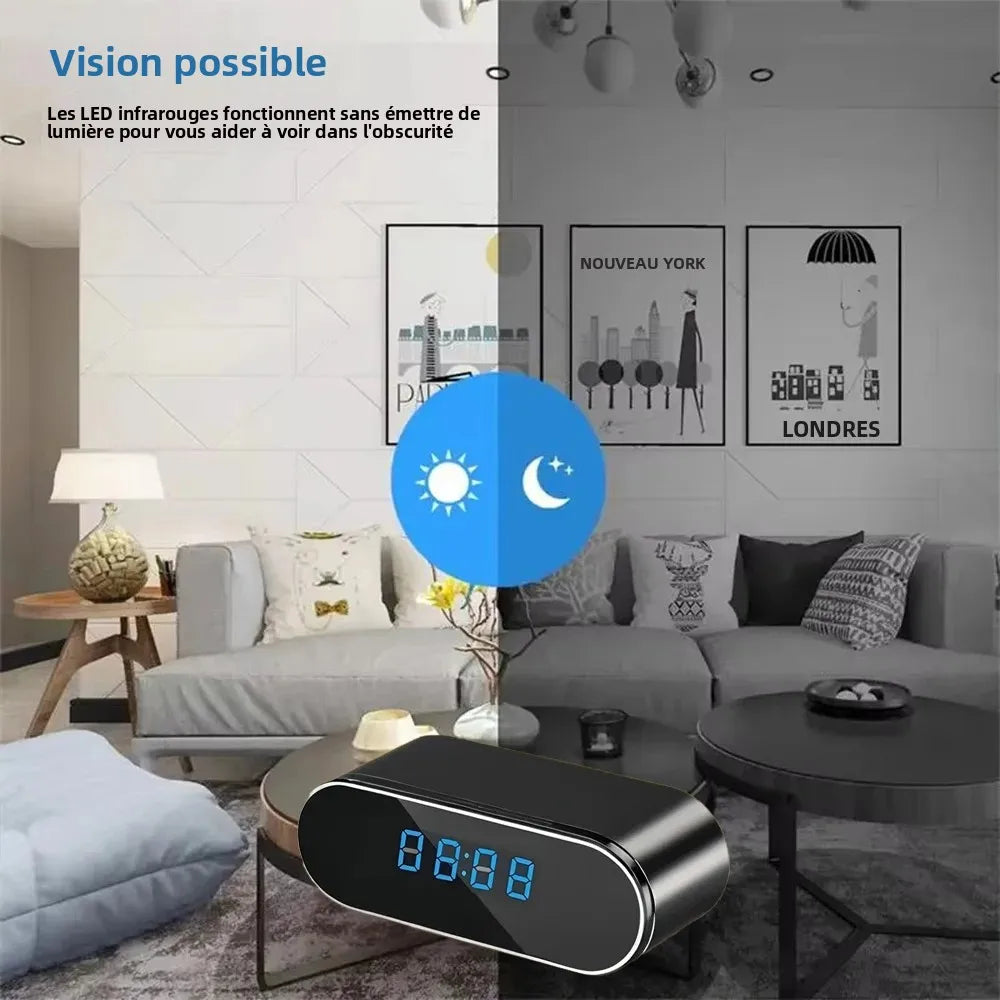 Caméra Horloge WiFi 1080P – Vision Nocturne Infrarouge, Détection de Mouvement & Surveillance à Distance – CLEVI Paris