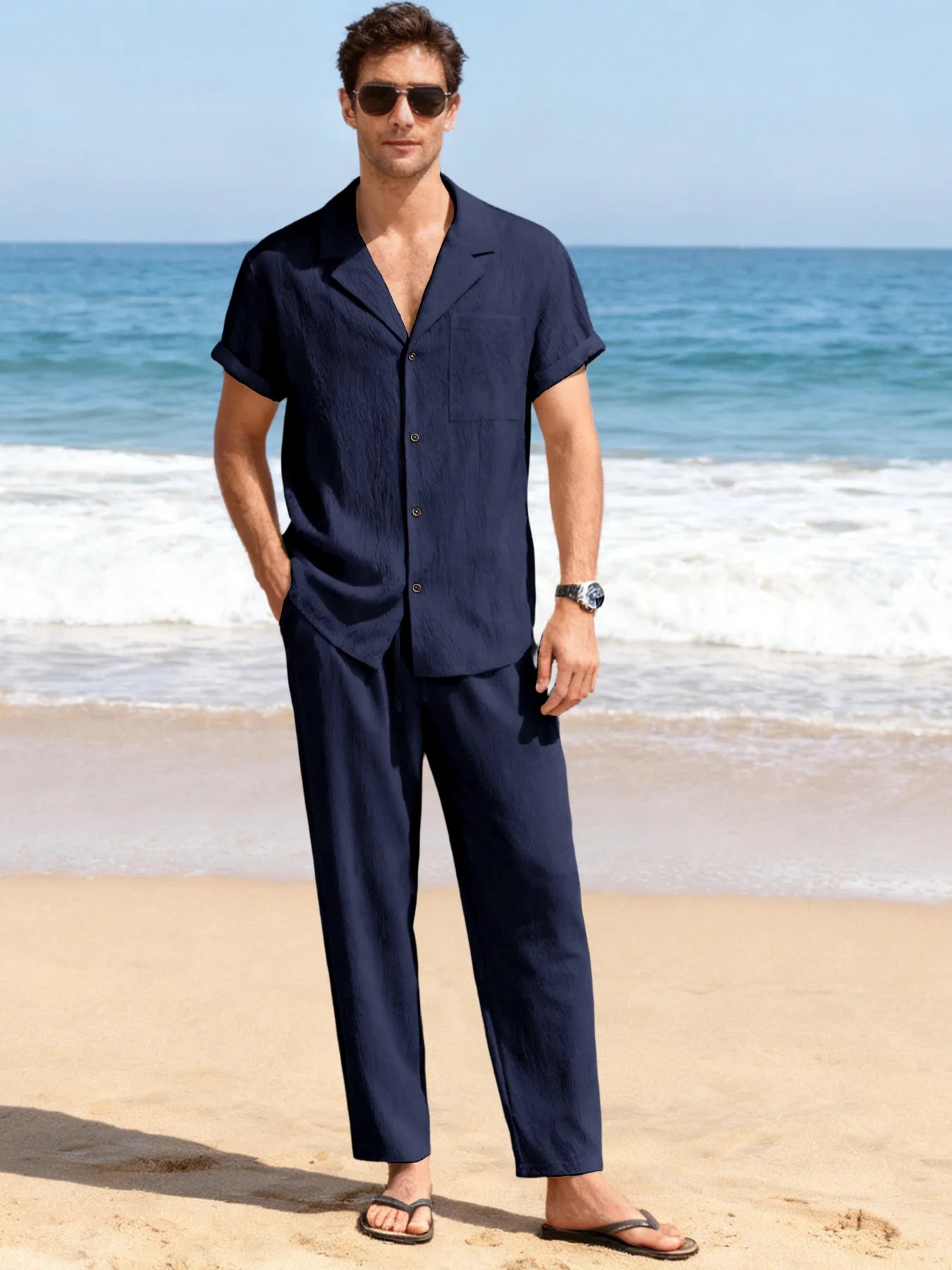 Ensemble 2 Pièces Homme Soie Glacée Polo Manches Courtes + Pantalon Long Casual Été – CLEVI Paris