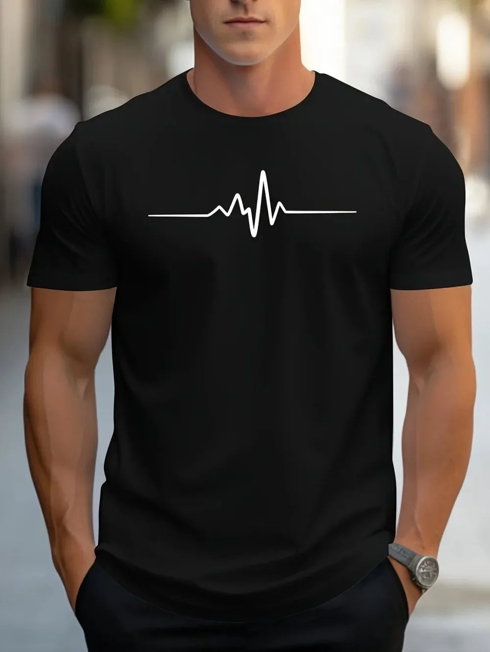T-Shirt Homme Imprimé 3D Heartbeat – Graphique, Col Rond, Manches Courtes, Grande Taille