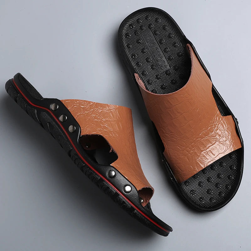 Fashion New Men's Crocodile Embossed Leather Slippers Casual Sandals For Men Summer Open Toe Beach Garden Shoes Flip Flops