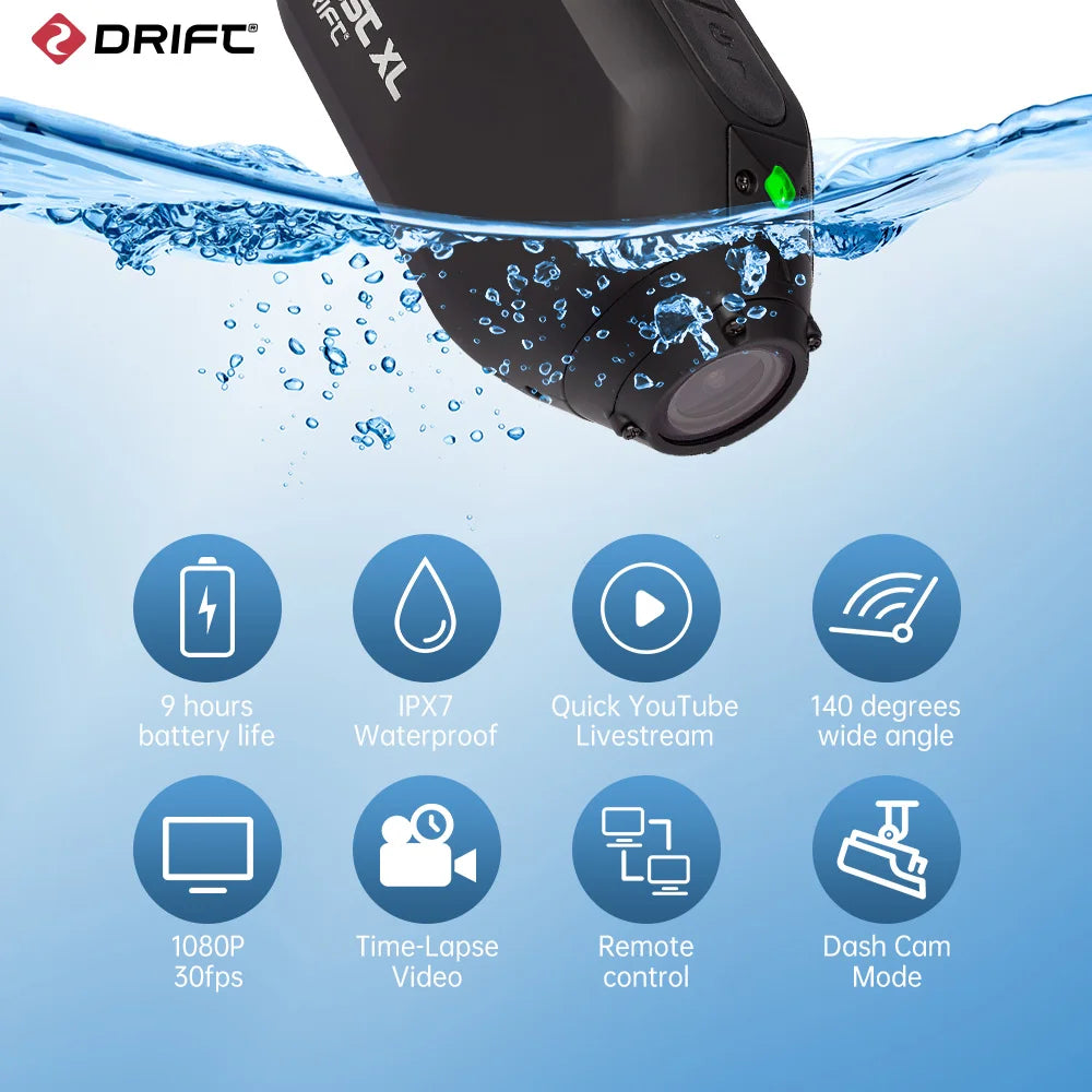 Drift Innovation Ghost XL – Caméra d'Action 1080P IPX7 Objectif Rotatif 140° Batterie 3000mAh 7-9h WiFi Dashcam – CLEVI Paris
