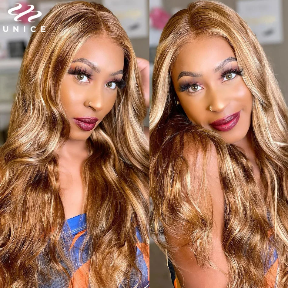 Perruque Body Wave brune à mèches blondes 7x5 – CLEVI Paris