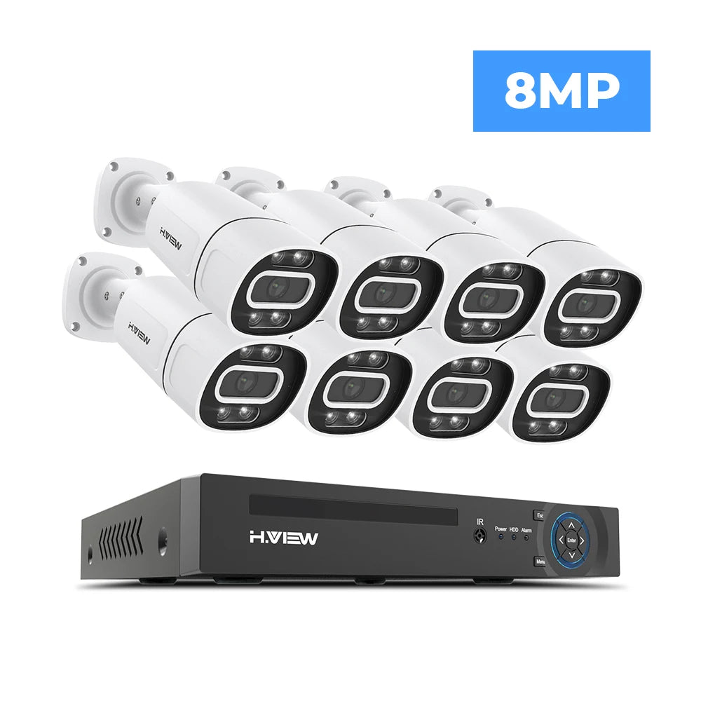Kit Vidéosurveillance POE H.View 4K – Caméras 5MP/8MP, NVR 8CH H.265, Détection de Personnes, Vision Nocturne Couleur, Audio Bidirectionnel